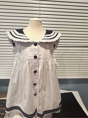 Girls White Nautical Sailor Dress with Navy Trim